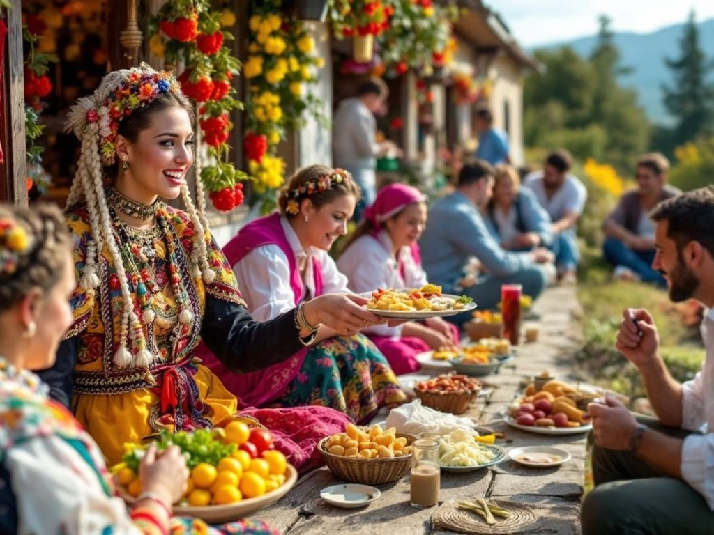 Scenă de viață românească vibrantă, oameni și tradiții.