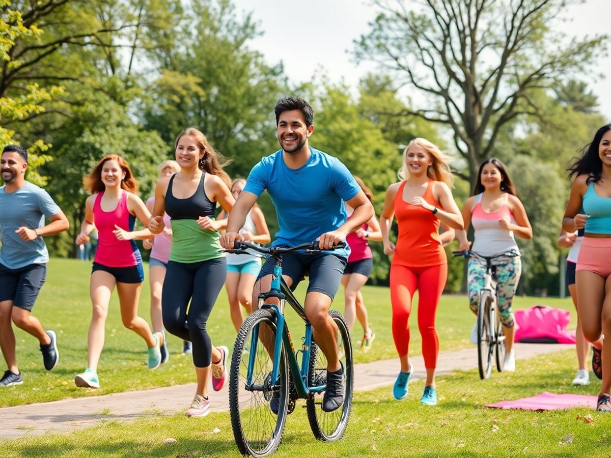 Oameni activi în parc, alergând și făcând yoga.