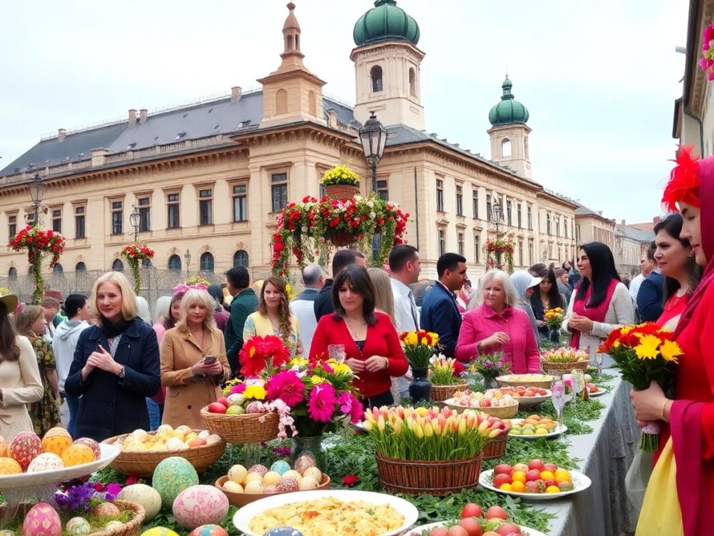 Sărbătoare de Paște cu ouă colorate și mâncăruri tradiționale.