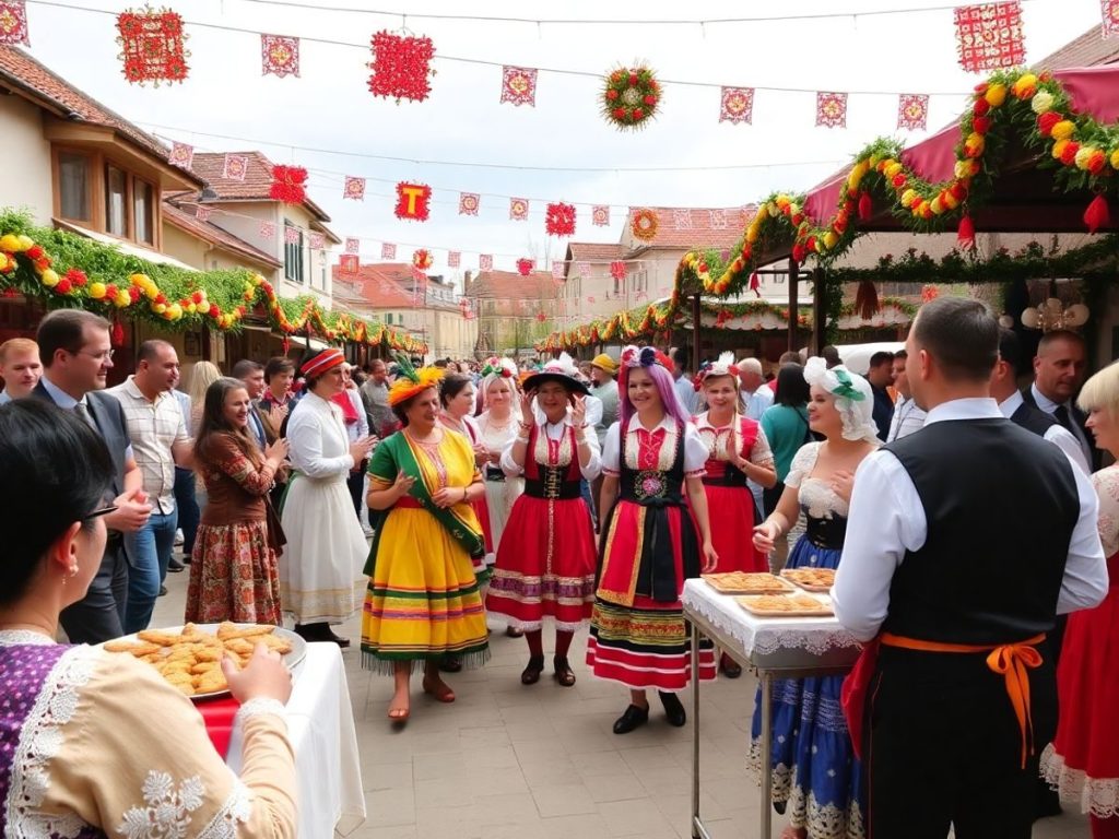 Festival tradițional cu dansatori și costume colorate.