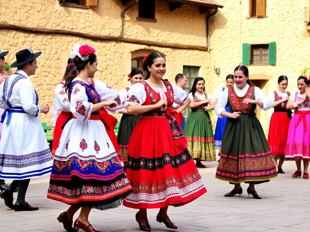 Dansatori români în costume tradiționale.