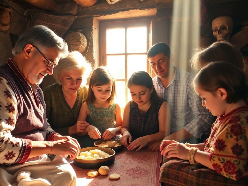 Familie românească păstrând tradiții ancestrale într-o casă tradițională.