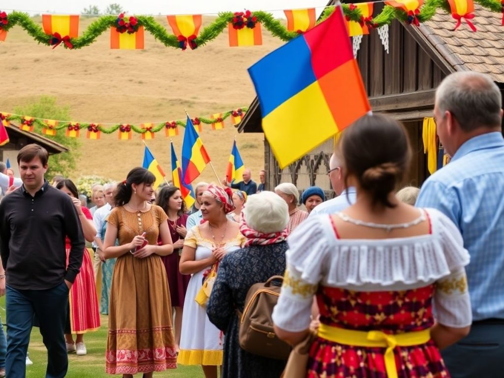 Ziua Națională la sat: oameni veseli, steaguri, decoratiuni.