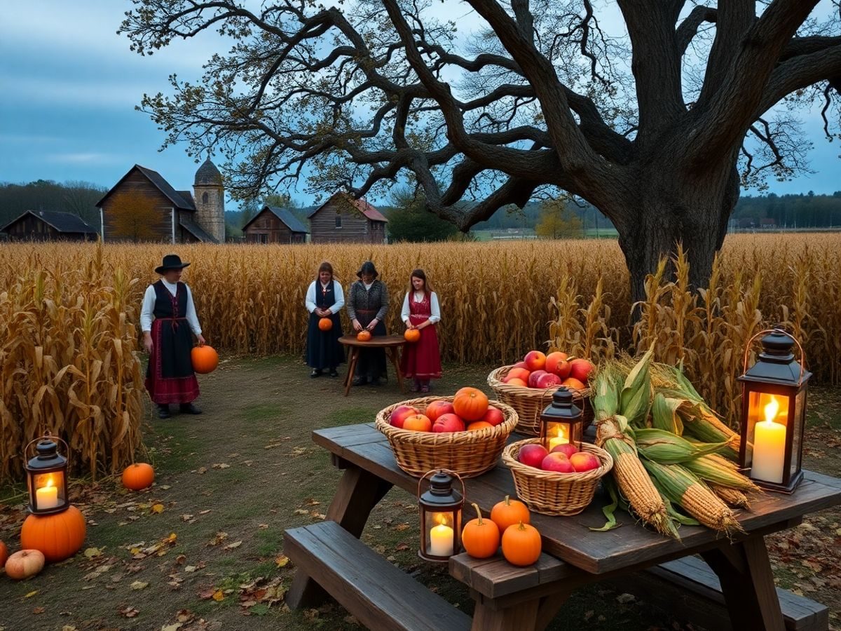 Sărbătoare de toamnă cu costume populare, dovleci, mere, frunze, lumânări