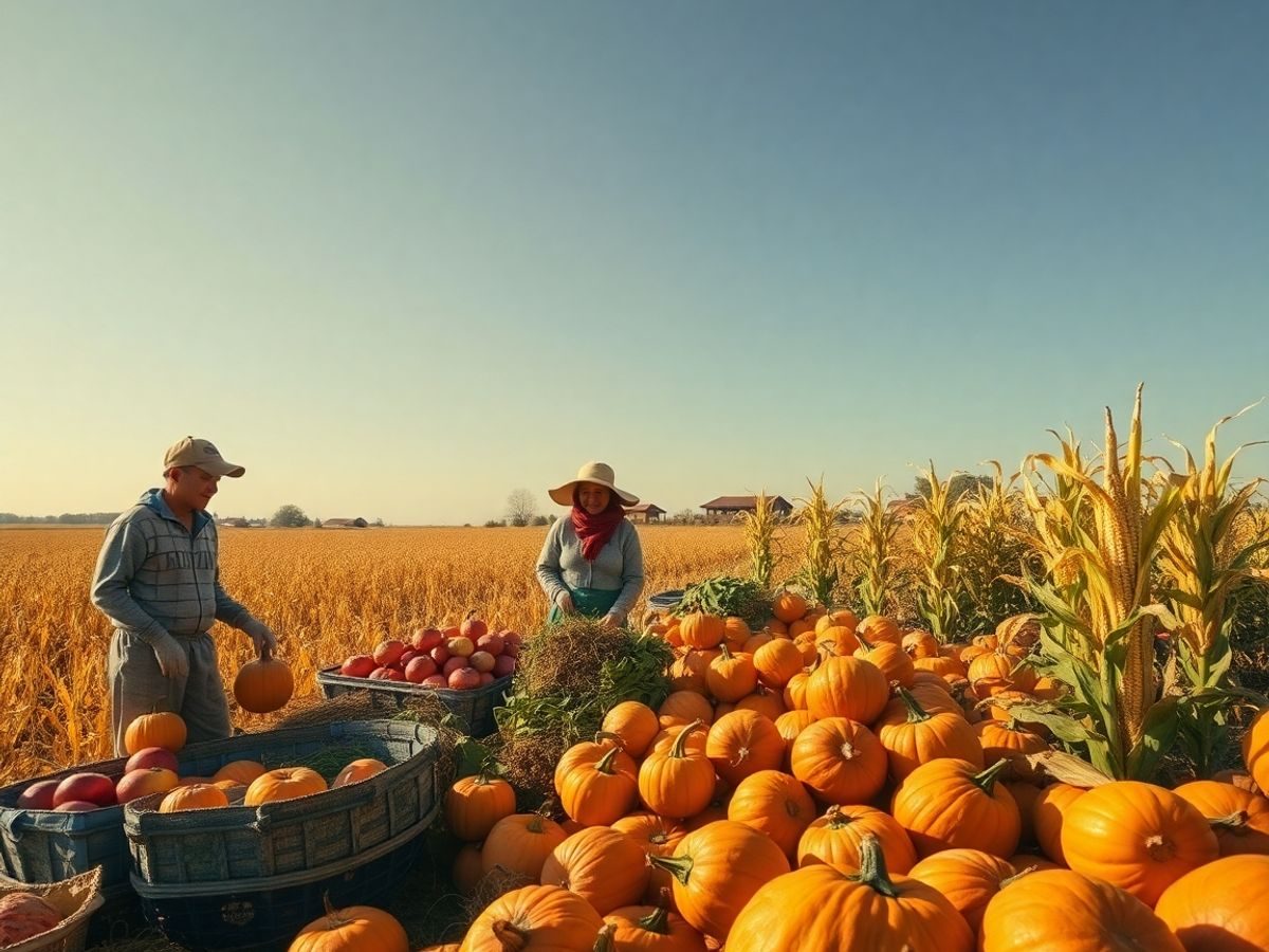 Sătenii recoltează legume și fructe de toamnă în câmp.