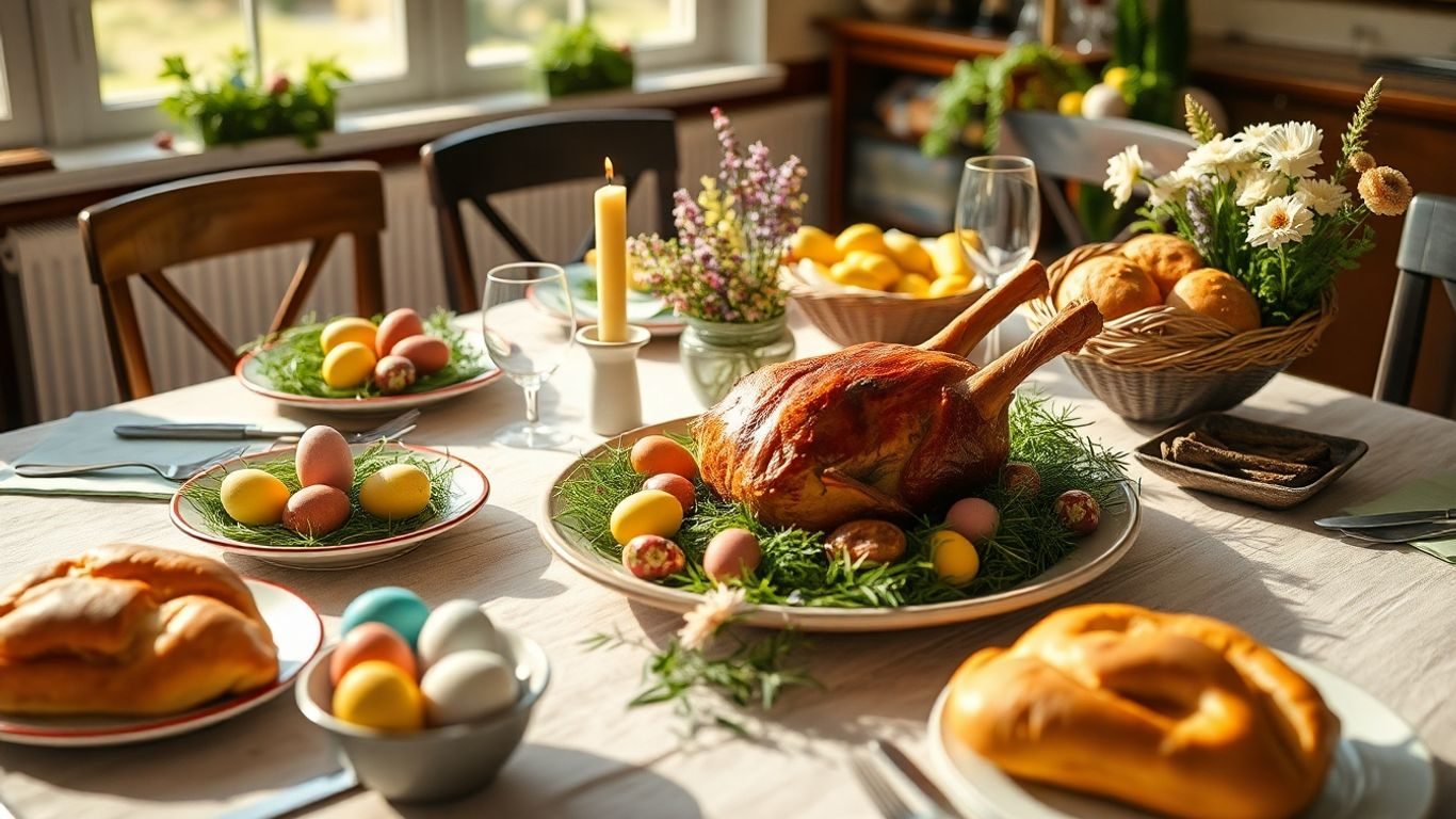 Masa de Paște cu bucate tradiționale și ouă colorate.