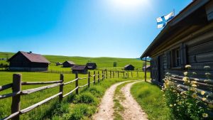 Sat românesc tradițional cu case vechi și natură verde.