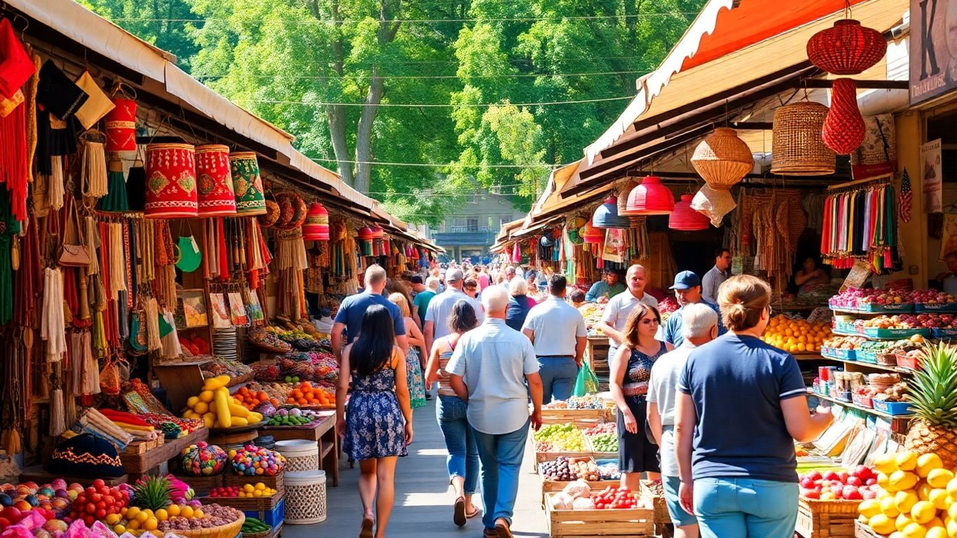 Oameni la un târg tradițional plin de produse.