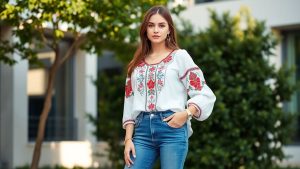 Tânără purtând ie românească și blugi, fundal natural