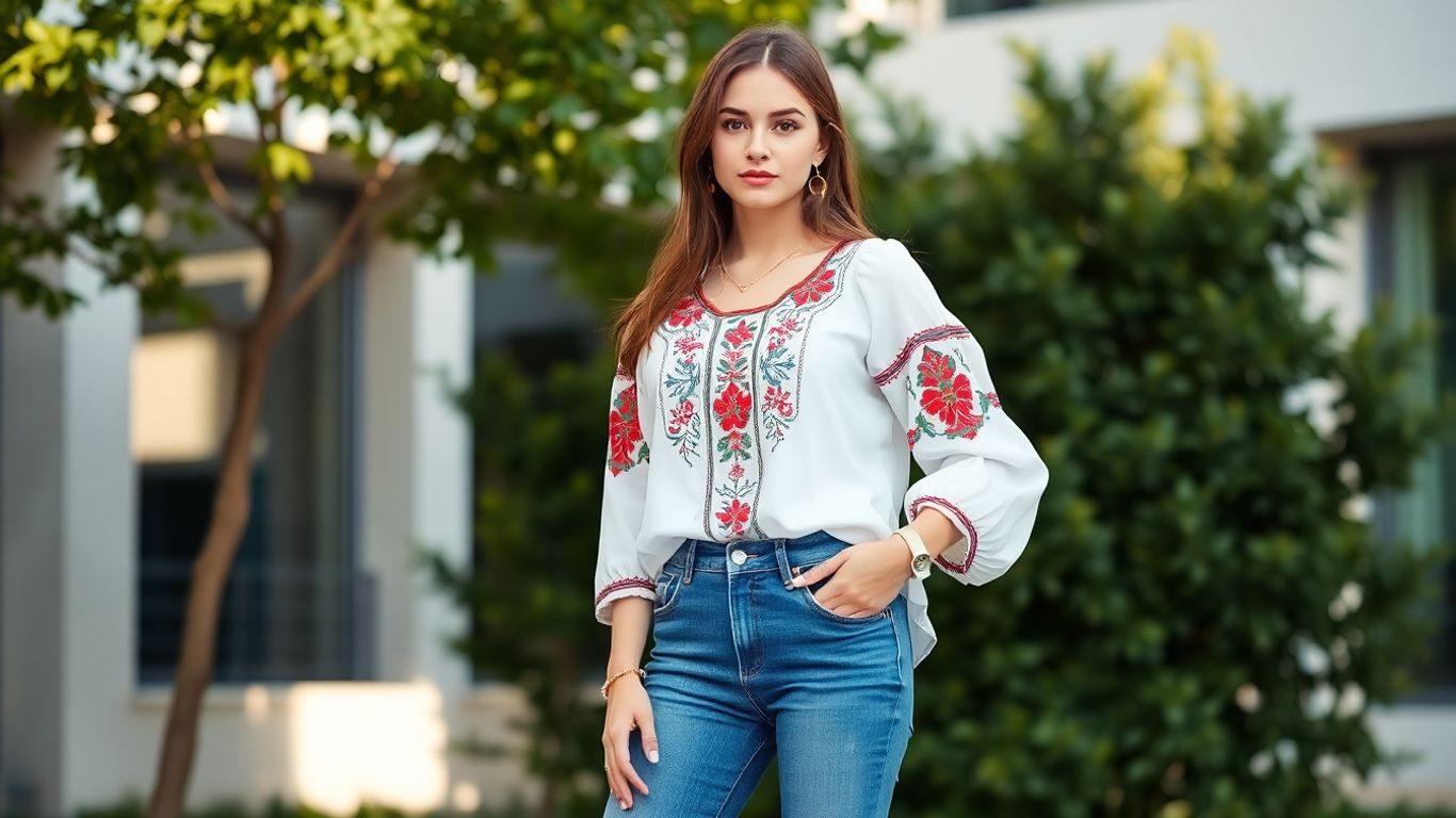 Tânără purtând ie românească și blugi, fundal natural