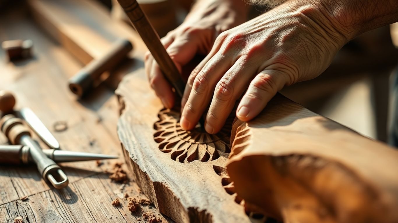 Mâini meșterind lemn cu unelte tradiționale.