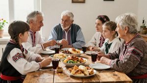Familie românească multi-generațională la masă, tradiții.